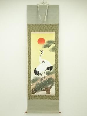 井上秀峰筆　松上双鶴　肉筆絹本掛軸（共箱）